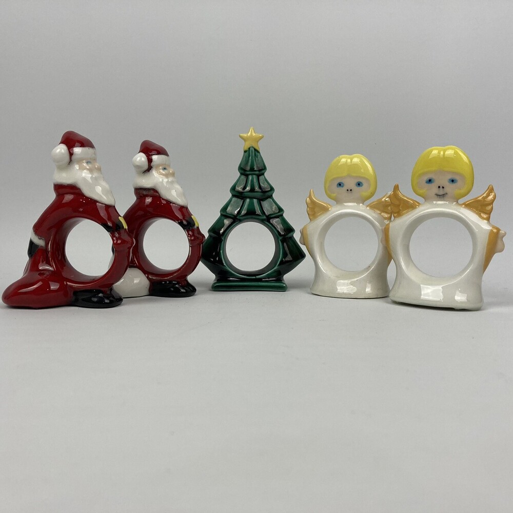 Set 5 VTG Santa Claus Angel XMAS Tree Ceramic Mold Glazed Figurine Napkin Rings